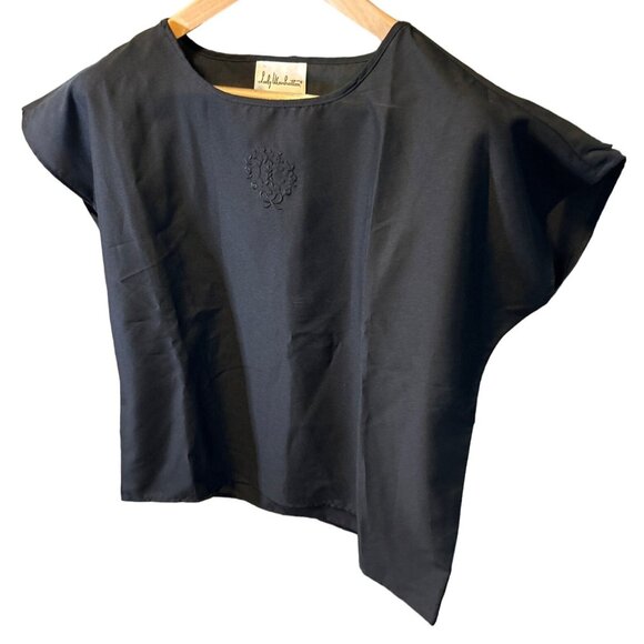 Lady Manhattan Black Blouse With Embroidered Detail Short Sleeves Sz M - Picture 3 of 8